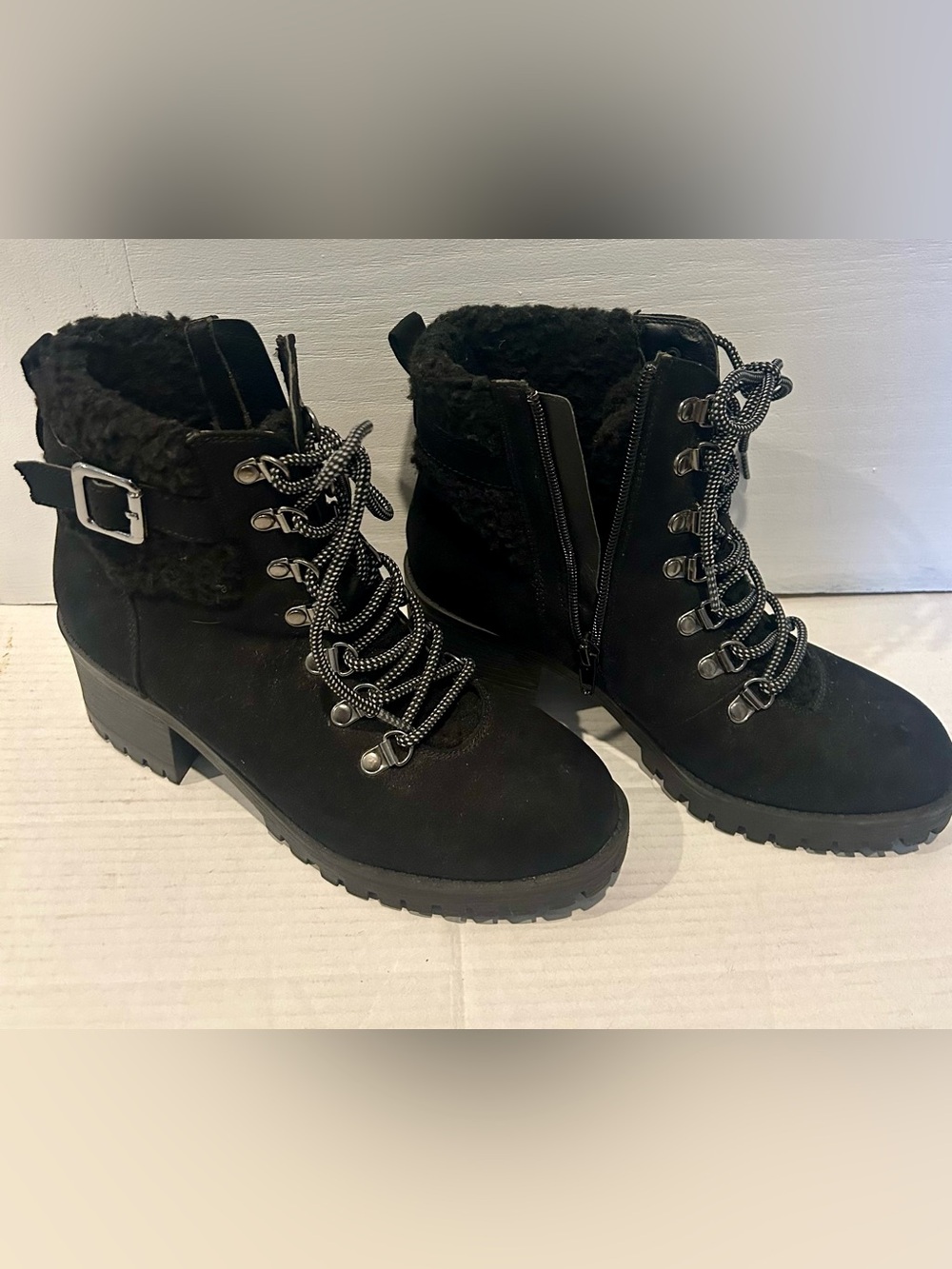 Madden Girl Black Faux-Shearling Lace-Up Ankle Booties